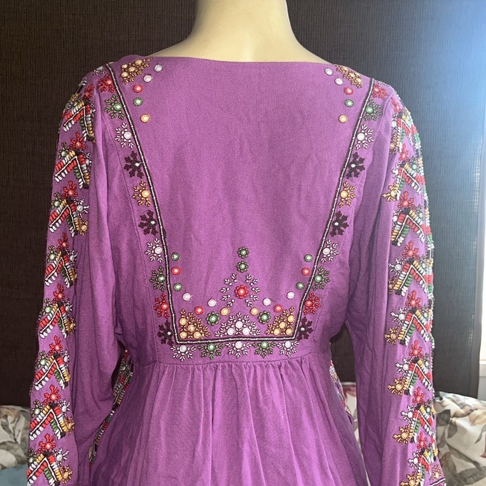 FREE PEOPLE Purple Linen Multicolored Embroidered Tunic Mini Dress Size XS - Picture 5 of 12